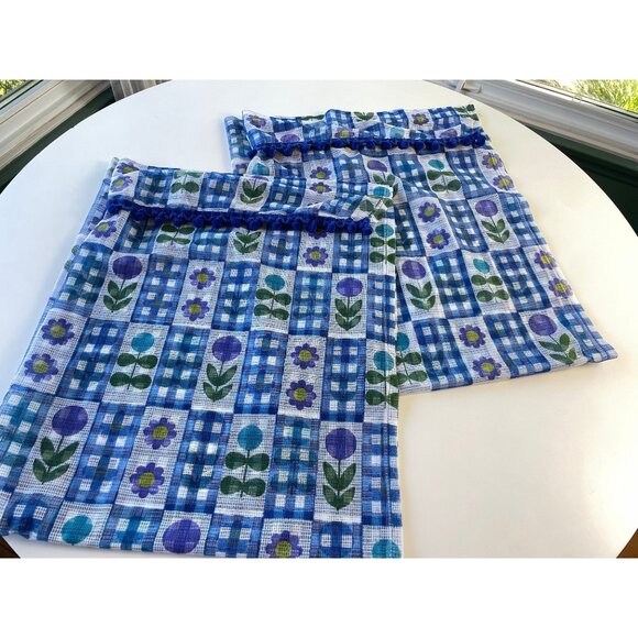 Vintage 70s curtain with pompoms, blue purple green floral, pair or single panel - Picture 9 of 10